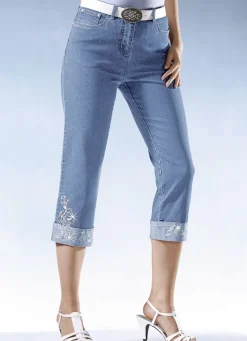 Damen Mona Shorts<7/8-Jeans mit floraler Stickerei