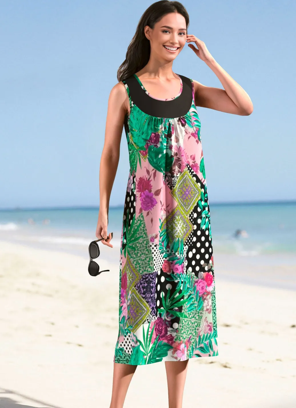 Damen Mona Strandkleider|Sommerkleider<Kleid mit farbbrillantem Druckdessin, ärmellos