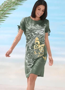 Damen Mona Strandkleider|Sommerkleider<Kleid mit platziertem Druckdessin und raffbaren, kurzen Ärmeln