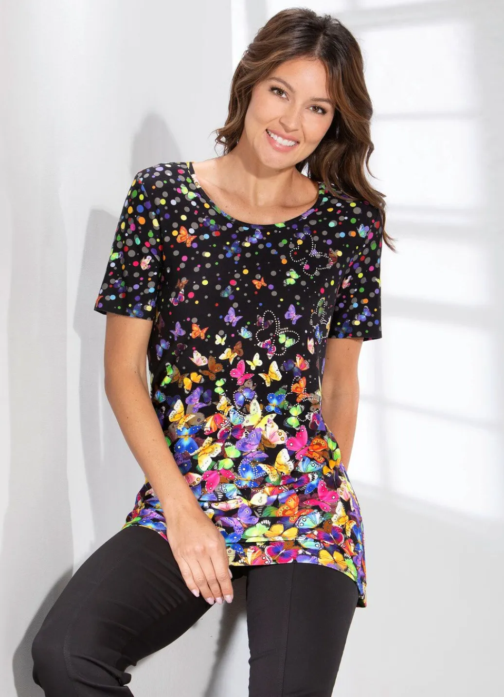Discount Longshirt mit farbbrillantem Inkjet-Druck Damen Shirts Mit Strass|Kurzarm