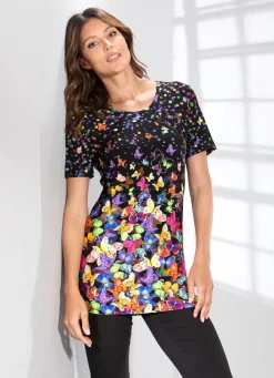 Discount Longshirt mit farbbrillantem Inkjet-Druck Damen Shirts Mit Strass|Kurzarm