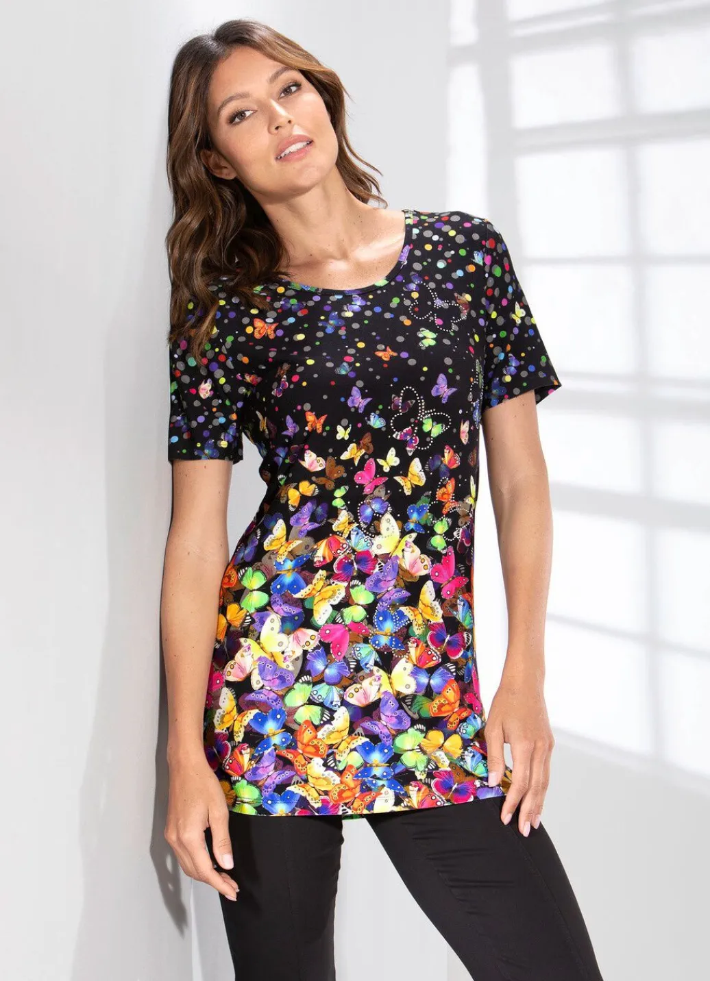 Discount Longshirt mit farbbrillantem Inkjet-Druck Damen Shirts Mit Strass|Kurzarm