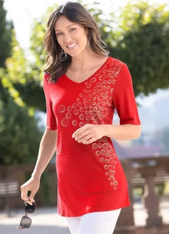 Hot Longshirt mit Glimmerdruck Damen Kurzarm