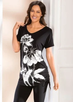 Discount Longshirt mit Kontrastdruck Damen Shirts Mit Strass|Kurzarm