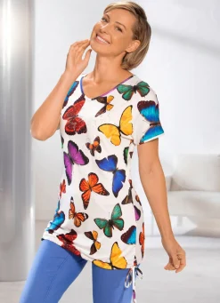 Outlet Longshirt mit Tunnelzug und Bindeband Damen Shirts Mit Strass|Kurzarm