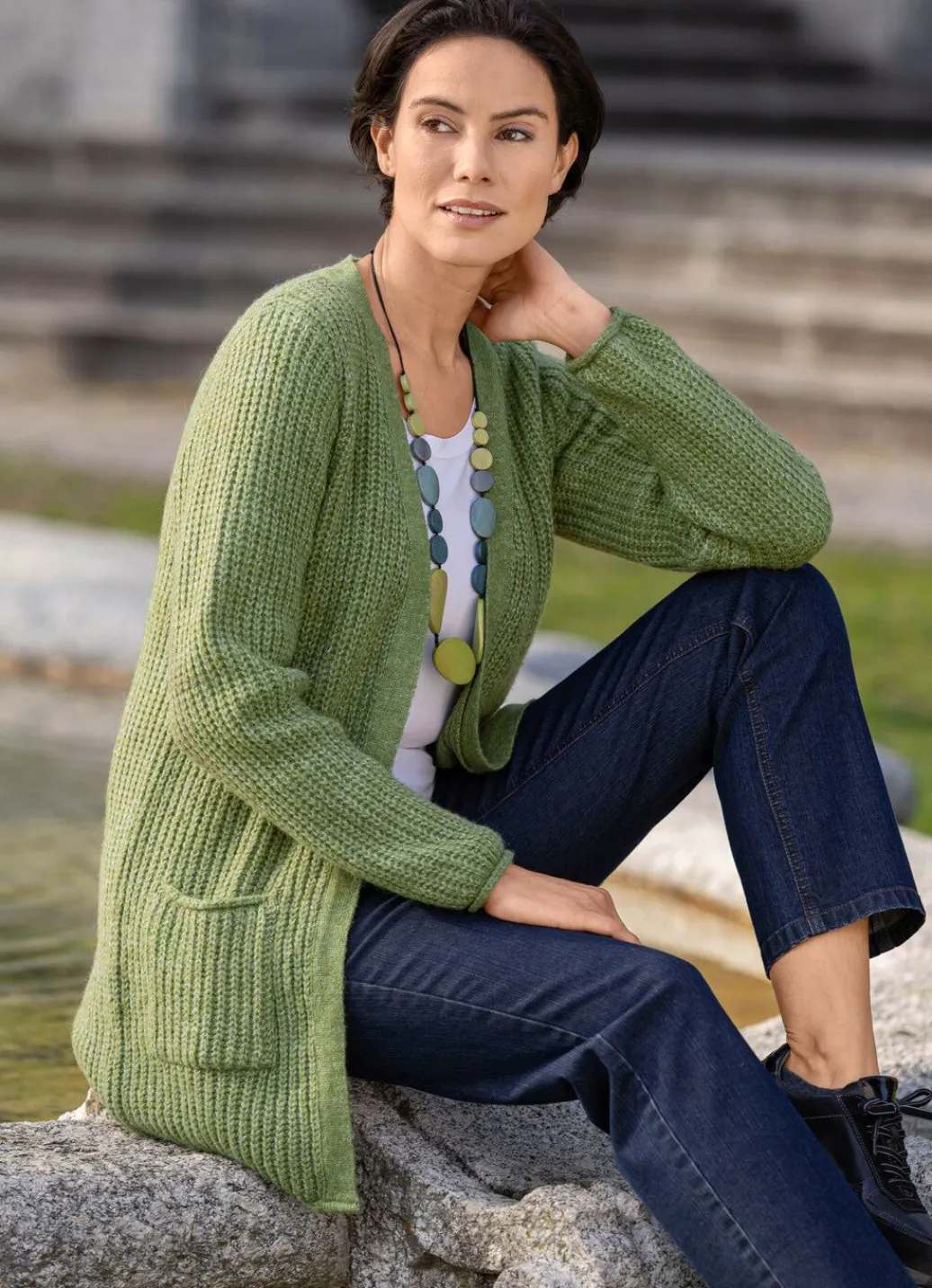 Online Long-Strickjacke in Perlfang Damen Strickjacken|Basics