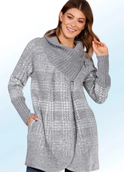 Sale Long-Strickjacke mit dekorativem Umlegekragen Damen Strickjacken