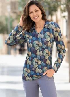 Sale Poloshirt mit farbbrillantem Alloverdruck Damen Shirts Mit Strass|Langarm