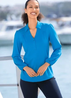 Sale Poloshirt mit kurzer Knopfleiste in 2 Farben Damen Langarm