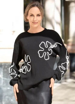 Damen Mona Abendmode|Pullover<Pullover mit aufwendigen Blütenapplikationen
