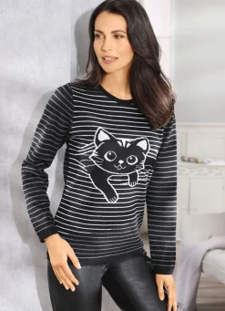Damen Mona Pullover<Pullover mit niedlichem Katzenmotiv