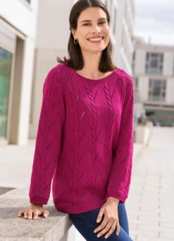 Damen Mona Basics|Pullover<Pullover mit Zopfstrukturen und Ajourmustermix
