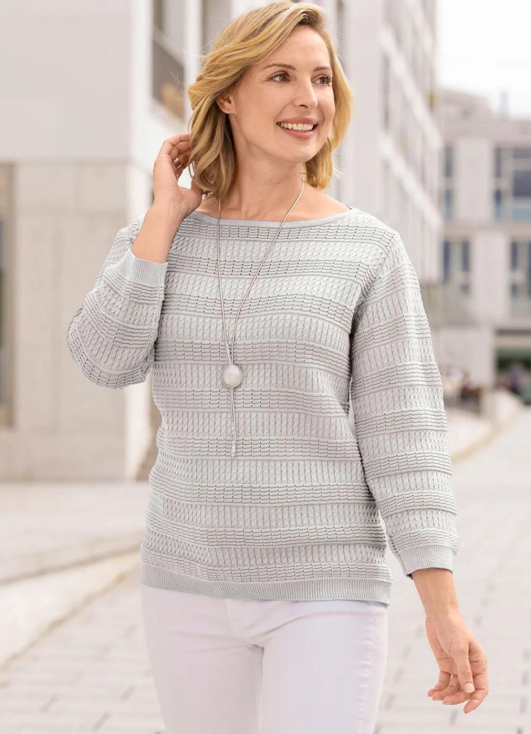 Damen Mona Basics|Pullover<Pullover mit Zöpfchen- und Strukturstreifen