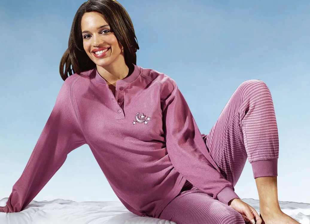 Damen Mona Schlafanzüge<Schlafanzug aus Frottierstretch, Langarm mit Knopfleiste und Bündchen