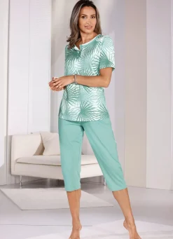 Damen Mona Schlafanzüge<Schlafanzug mit Knopfleiste, kurzen Ärmeln und wadenlanger Hose