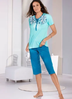 Damen Mona Schlafanzüge<Schlafanzug mit kurzen Ärmeln und wadenlanger Hose