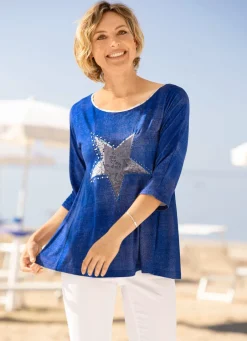 Discount Shirt in Melange-Optik Damen Shirts Mit Strass|Kurzarm