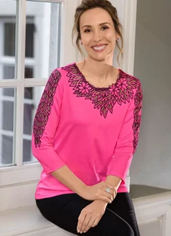 Damen Mona Kurzarm<Shirt mit aufwendig bestücktem Tüll in 3 Farben