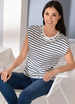 Outlet Shirt mit aufwendiger Strass- und Stickereizier Damen Kurzarm
