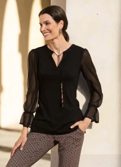 Discount Shirt mit ausgefallener Ausschnittverarbeitung in 2 Farben Damen Langarm