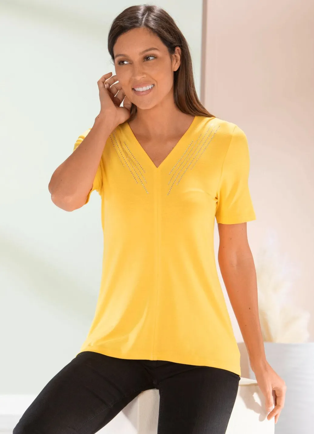Hot Shirt mit edler Strasszier in 2 Farben Damen Shirts Mit Strass|Kurzarm