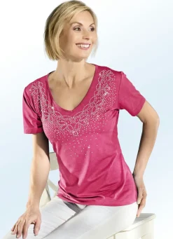New Shirt mit edler Strasszier im Vorderteil in 2 Farben Damen Kurzarm