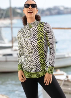 Clearance Shirt mit farbbrillantem Allover-Dessin in 2 Farben Damen Langarm