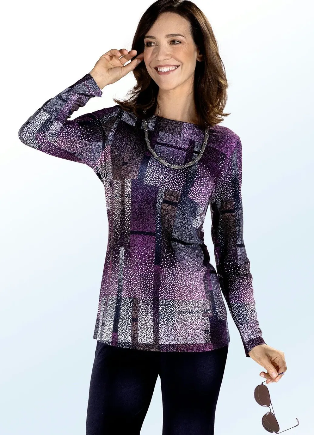 Sale Shirt mit farbbrillantem Inkjet-Druck in 2 Farben Damen Langarm