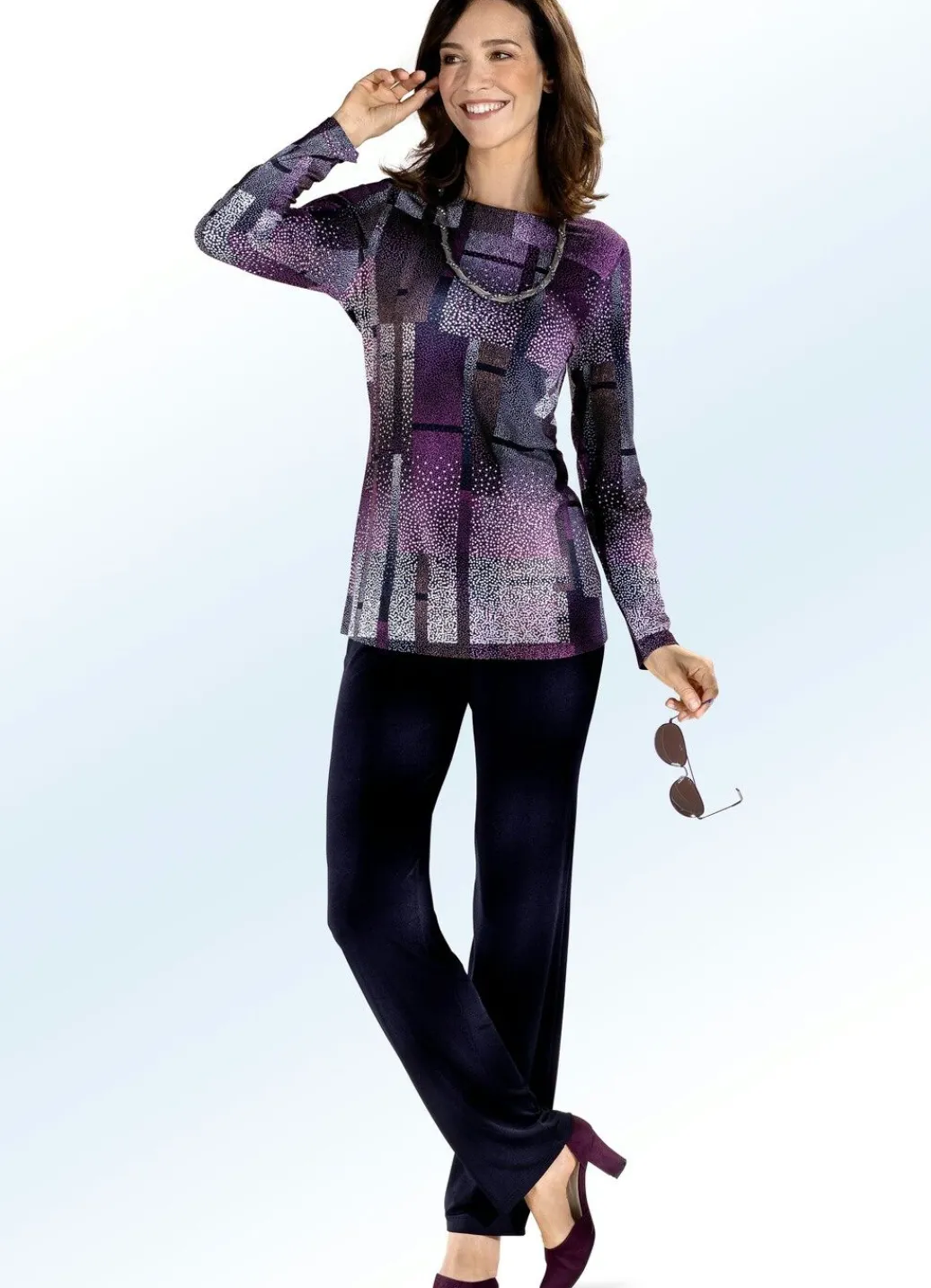 Sale Shirt mit farbbrillantem Inkjet-Druck in 2 Farben Damen Langarm