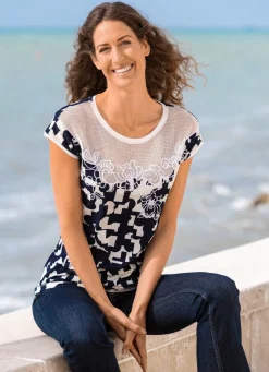 Damen Mona Kurzarm<Shirt mit floraler Stickerei