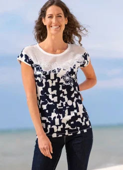 Damen Mona Kurzarm<Shirt mit floraler Stickerei
