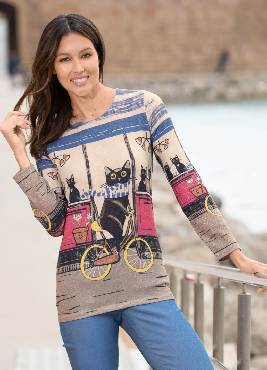 Outlet Shirt mit "Katzenmotiv" Damen Langarm