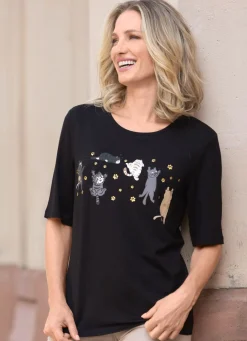 Damen Mona Kurzarm<Shirt mit Katzen-Motiv