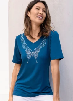 Hot Shirt mit kurzen Ärmeln Damen Shirts Mit Strass|Kurzarm
