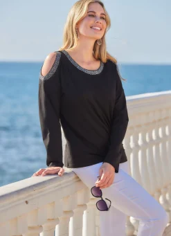 Sale Shirt mit offener Verarbeitung Damen Shirts Mit Strass|Langarm