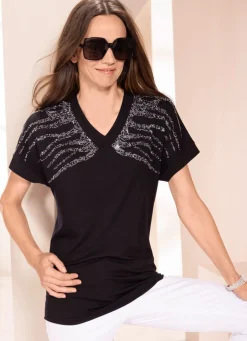 Damen Mona Kurzarm<Shirt mit Plättchenzier