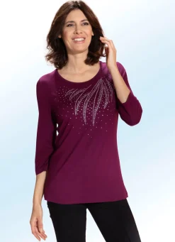 Outlet Shirt mit schmückender Steinzier in 2 Farben Damen Shirts Mit Strass|Kurzarm