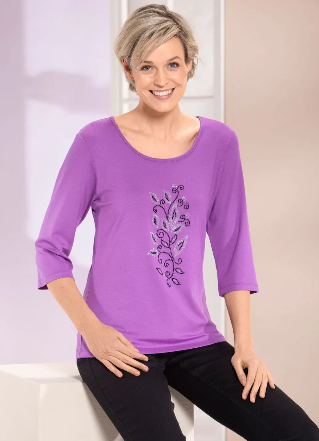 Damen Mona Kurzarm<Shirt mit Strasssteinen in 2 Farben