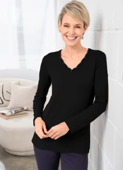 Outlet Shirt mit V-Ausschnitt in 2 Farben Damen Shirts Mit Strass|Langarm