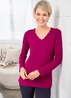 Best Shirt mit V-Ausschnitt in 2 Farben Damen Shirts Mit Strass|Langarm