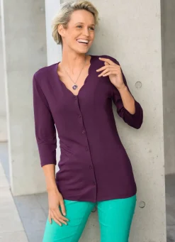 Online Shirtbluse mit durchgehender Knopfleiste in 2 Farben Damen Kurzarm