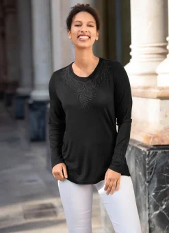Damen Mona Basics|Abendmode<Shirt-Tunika mit Ton-in-Ton Stickerei