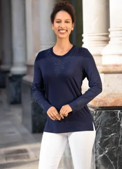 Damen Mona Basics|Abendmode<Shirt-Tunika mit Ton-in-Ton Stickerei