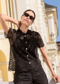 Damen Mona Blusen|Basics<Spitzenbluse mit Hemdkragen