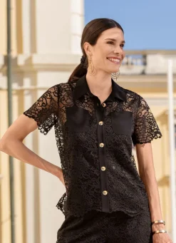Damen Mona Blusen|Basics<Spitzenbluse mit Hemdkragen