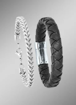 Sale 2-teiliges Armband-Set aus Edelstahl und Leder Herren Modeschmuck