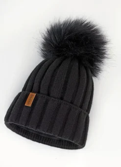 Hot Trendige Damen-Mütze mit breitem Umschlag und Kunstfell-Bommel Mützen & Hüte