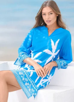 Damen Mona Sommerkleider|Strandkleider<Tunika mit Palmendruck, reine Baumwolle