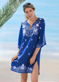 Damen Mona Strandkleider|Tuniken<Tunika mit weißer Stickerei sowie Seitenschlitzen, reine Baumwolle