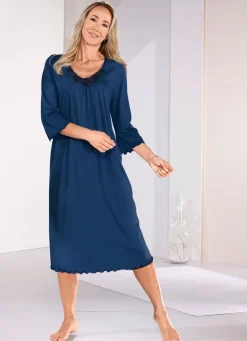 Damen Mona Nachthemden<Wadenlanges Nachthemd mit Tüllstickereispitze